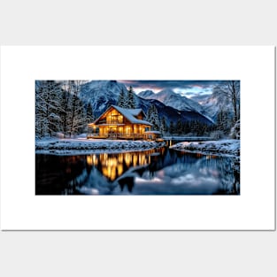 Mountain Cabin on a Lake in Winter - Landscape Posters and Art